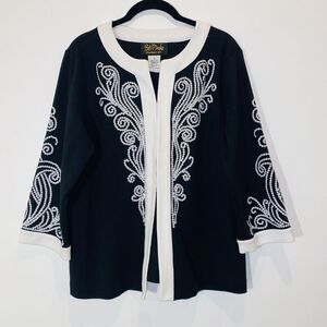 Bob Mackie Wearable Art Women’s Medium Jacket Black with White Sequin 3/4 Sleeve